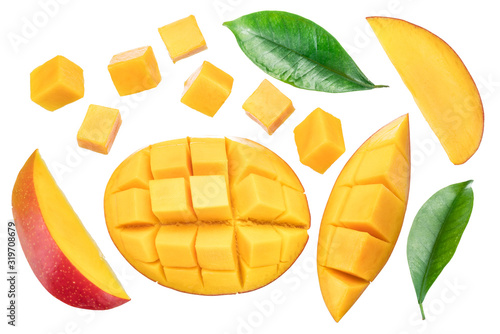 Set of mango cubes and mango slices isolated on a white background.