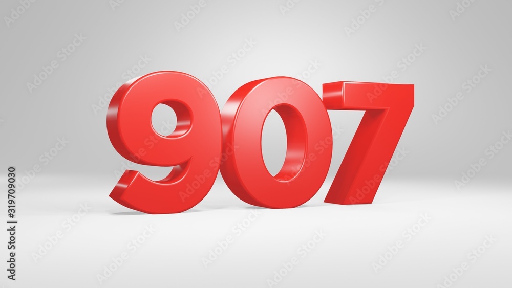 Number 907 in red on white background, isolated glossy number 3d render Number 907 in red on white background, isolated glossy number 3d render