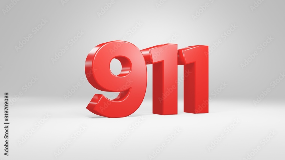 Number 911 in red on white background, isolated glossy number 3d render Number 911 in red on white background, isolated glossy number 3d render