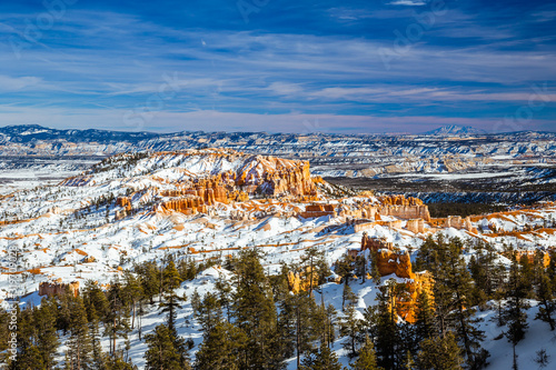 Mountains and forest of Bryce Canyon National Park during winter covered with snow