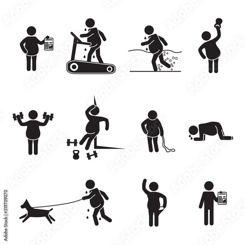 Overweight people exercising and losing weight icon set. People stick icons set. Vector.