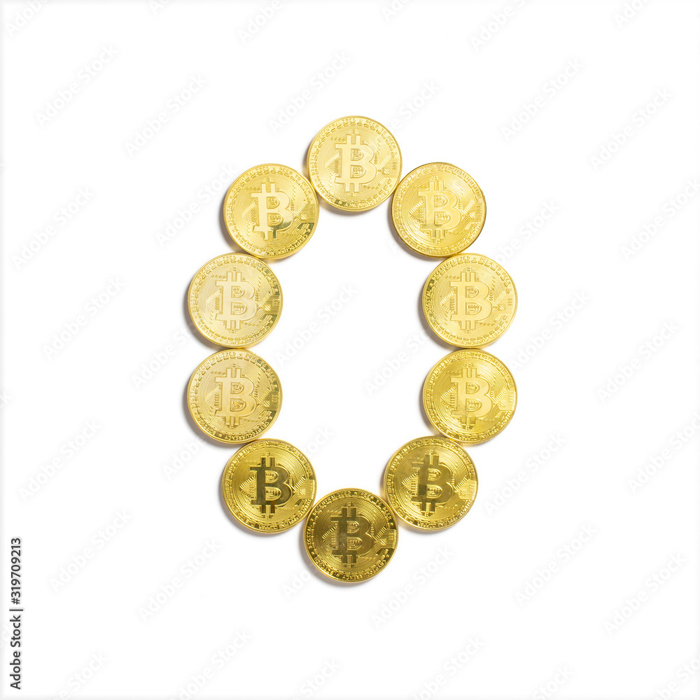 the figure of zero laid out of bitcoin coins and isolated on white background the figure of zero laid out of bitcoin coins and isolated on white background