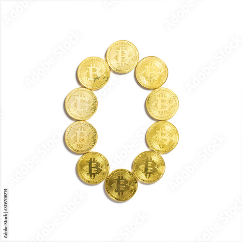 the figure of zero laid out of bitcoin coins and isolated on white background