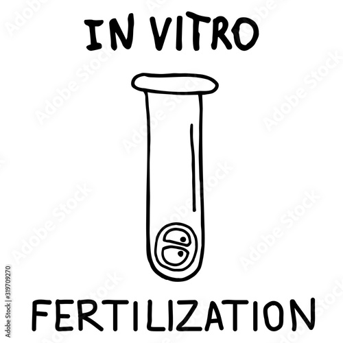 Doodle vector illustration of in vitro fertilization. Hand drawn lettering In Vitro and test tube with an embryo or zygote.