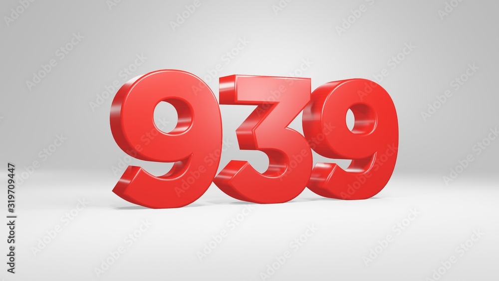 Number 939 in red on white background, isolated glossy number 3d render Number 939 in red on white background, isolated glossy number 3d render