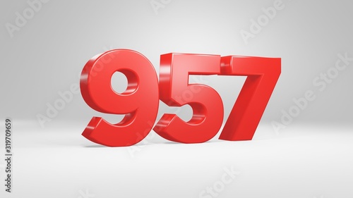 Number 957 in red on white background, isolated glossy number 3d render