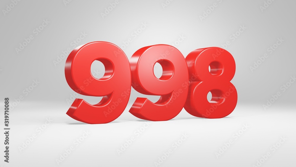 Number 998 in red on white background, isolated glossy number 3d render Number 998 in red on white background, isolated glossy number 3d render