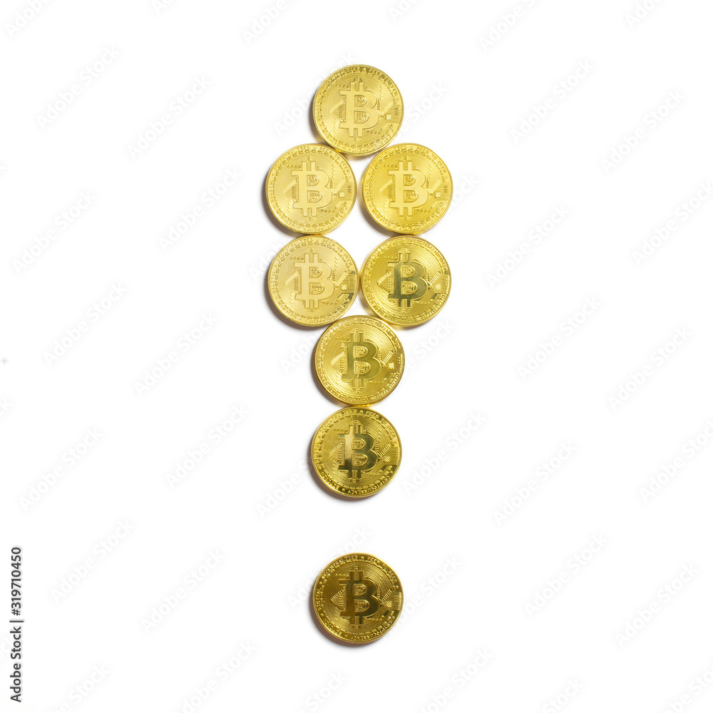 the exclamation symbol laid out of bitcoin coins and isolated on white background the exclamation symbol laid out of bitcoin coins and isolated on white background