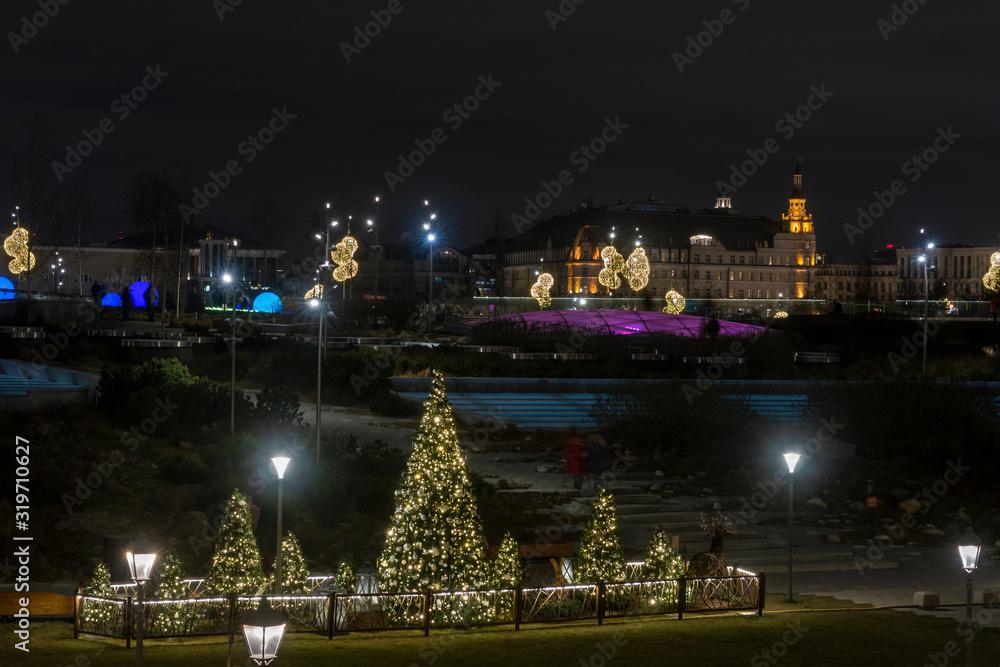 Christmas and New Year decoration in Zaryadye park in Moscow, Russia.