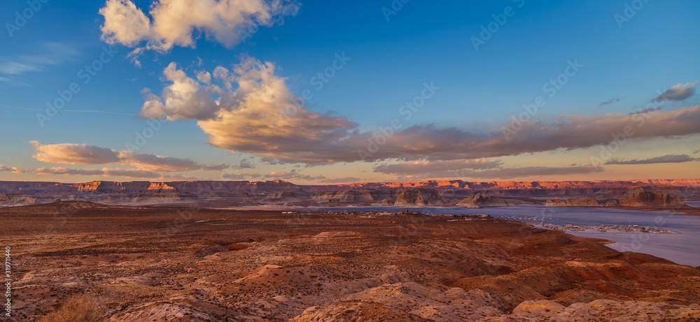 Lake Powell seen from the Wahweap Overlook in Page, Arizona USA at sunset