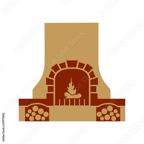  Rustic fireplace with burning wood. Flat style