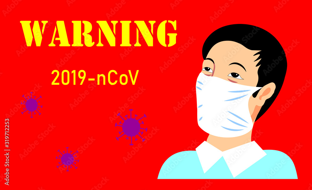 Coronavirus in China. New coronavirus (2019-nCoV), a man in a white medical face mask on a red background. Lettering warning. The concept of coronavirus quarantine. Coronavirus in China. New coronavirus (2019-nCoV), a man in a white medical face mask on a red background. Lettering warning. The concept of coronavirus quarantine.