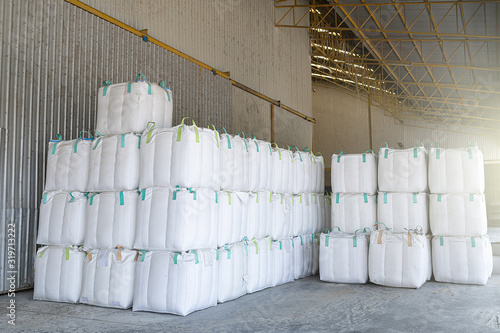 White Jumbo bags of rice Is a rice storage.