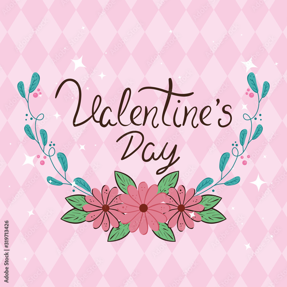 valentines day card with flowers and leafs