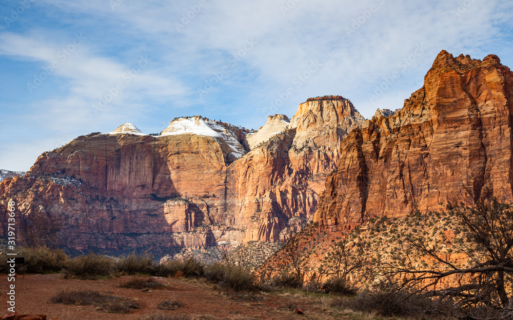 Panoramic shot of the snowy moutains of Zion National Park, an American national park located in southwestern Utah near the town of Springdale