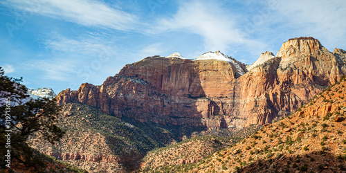 Panoramic shot of the snowy moutains of Zion National Park, an American national park located in southwestern Utah near the town of Springdale © JeanLuc Ichard
