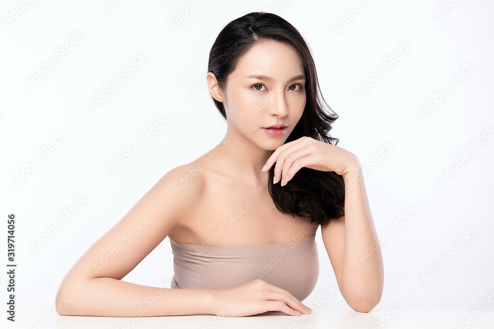 Portrait beautiful young asian woman clean fresh bare skin concept. Asian girl beauty face skincare and health wellness, Facial treatment, Perfect skin, Natural makeup, on white background,two Portrait beautiful young asian woman clean fresh bare skin concept. Asian girl beauty face skincare and health wellness, Facial treatment, Perfect skin, Natural makeup, on white background,two