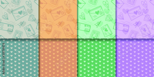 Set of vector seamless patterns with hand drows doodle hearts, envelopes, stamps. Paired backgrounds in colors of the same hues. Grey, yellow, green nd lilac set.