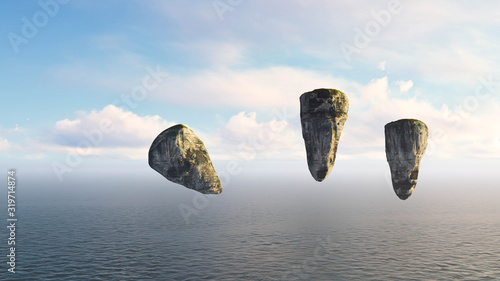 Levitation Stone Land on Ocean3D Rendering