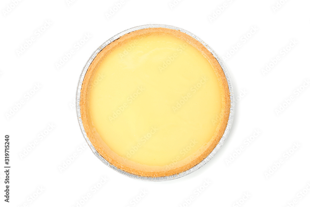 Foil plate with delicious lemon tart isolated on white background Foil plate with delicious lemon tart isolated on white background