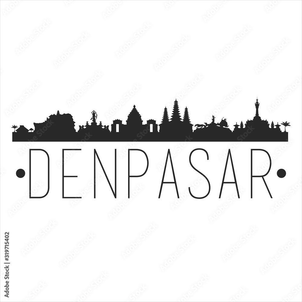 Denspasar Indonesia. City Skyline. Silhouette City. Design Vector. Famous Monuments.