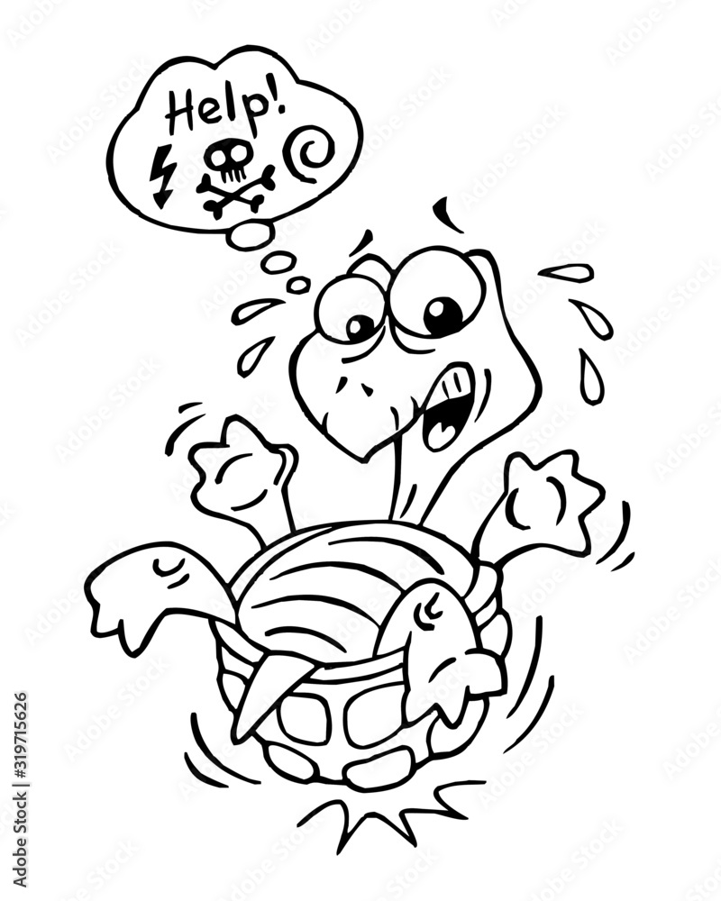 Turtle lies on carapace and can't stand up, screaming for help in comic bubble, black and white cartoon Turtle lies on carapace and can't stand up, screaming for help in comic bubble, black and white cartoon