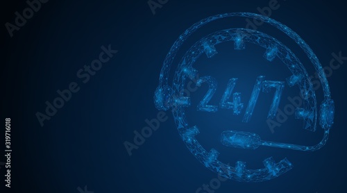 Low-poly icon 24/7. Round-the-clock online customer support.  Plexus 3D vector illustration. Dark blue background.