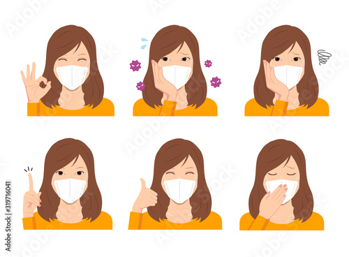 Young woman wearing a mask vector illustration (upper body) set