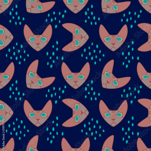 Sphinx cat with turquoise eyes. Seamless pattern with animal face and Doodle elements . Vector illustration on a blue background