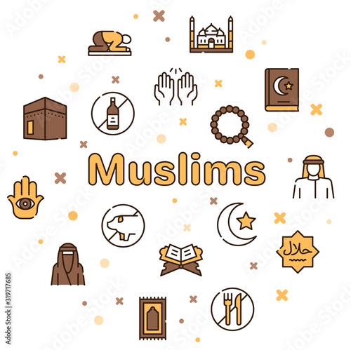 Muslim color linear vector icons set.
