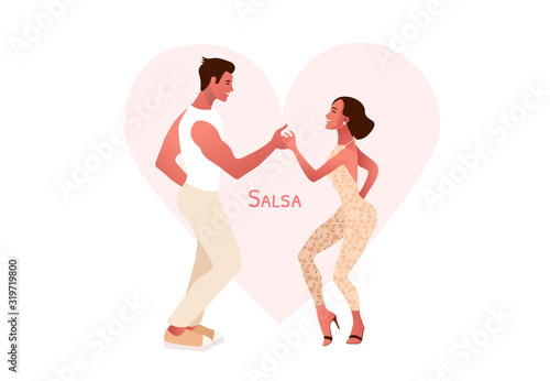 Happy Valentine's Day. Salsa party. Beautiful young couple dancing salsa in the city. Street dancing. People in love, dating. Vector illustration cartoon style. Dance studio logo.