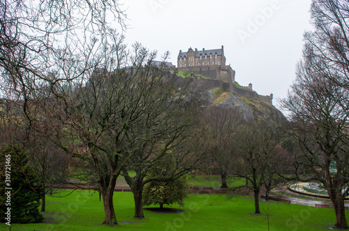 View on Castle hill in old part of Edinburgh city, capital of Scotland, in rainy winter day.