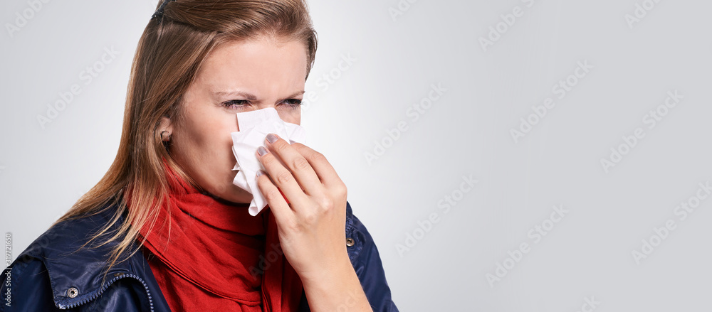Virus sick woman. Girl rhinitis disease. Cold or coronavirus symptom. People flu reaction. Illness person cough. Nasal runny infection Virus sick woman. Girl rhinitis disease. Cold or coronavirus symptom. People flu reaction. Illness person cough. Nasal runny infection