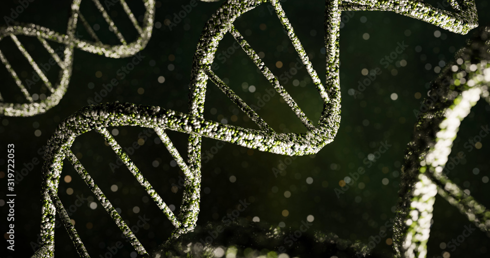 Some strings of green plant DNA on a dark green background