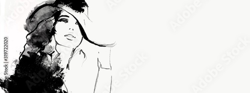 kobieta z okularami przeciwsłonecznymi i kapeluszem. ilustracja moda czarno-biała. Szkic mody. Malarstwo abstrakcyjne Kobieta.フ ァ ッ シ ョ ン 女性