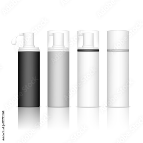 Cosmetic plastic bottle with dispenser pump. Skin care bottles for gel, liquid, lotion, cream, shampoo, bath foam. Beauty product package. Vector illustration.