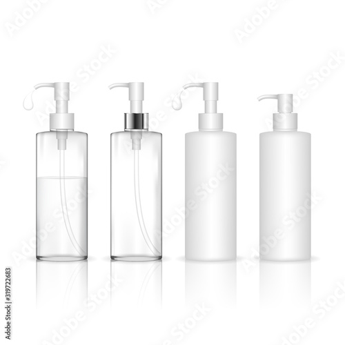 Cosmetic transparent plastic bottle with white dispenser pump. Liquid container for gel, lotion, cream. Beauty product package, vector illustration.
