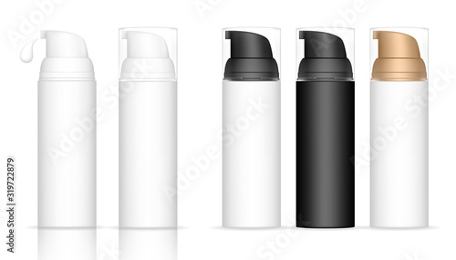 Cosmetic plastic bottle with dispenser pump. Skin care bottles for gel, liquid, lotion, cream, shampoo, bath foam. Beauty product package. Vector illustration.