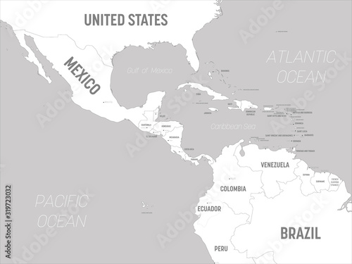 Central America map - white lands and grey water. High detailed political map Central American and Caribbean region with country, capital, ocean and sea names labeling