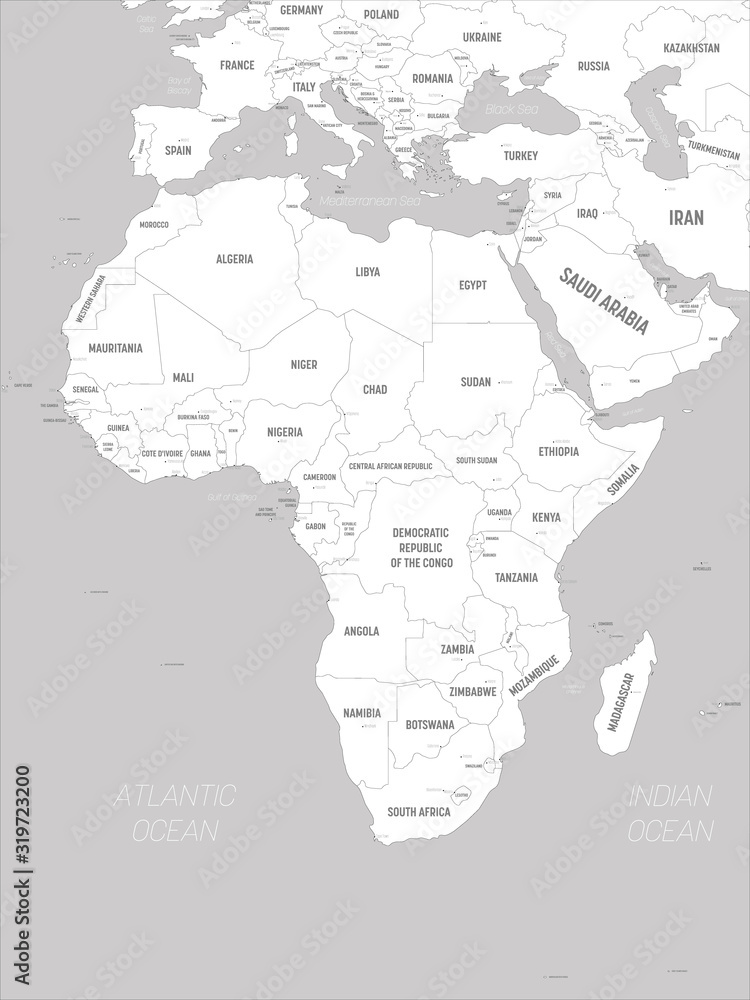 Africa map - white lands and grey water. High detailed political map of african continent with country, capital, ocean and sea names labeling