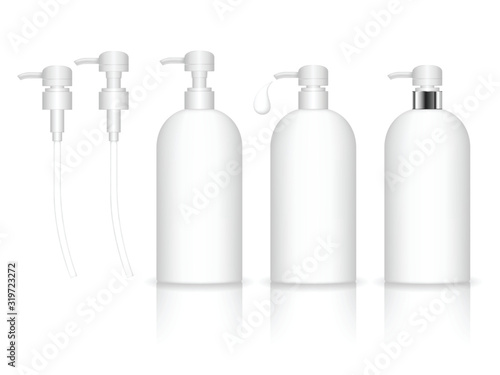 Cosmetic plastic bottle with dispenser pump. Liquid container for gel, lotion, cream, shampoo, bath foam. Beauty product package. Vector illustration.
