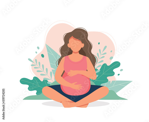 Pregnant woman doing prenatal yoga. Pregnancy health concept. Cute vector illustration in flat style