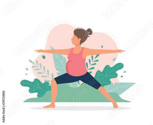 Pregnant woman doing prenatal yoga. Pregnancy health concept. Cute vector illustration in flat style