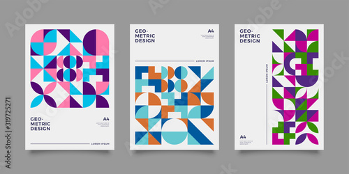 Placard templates set with Geometric shapes, Retro, baushaus geometric style flat and line design elements. Retro art for covers, banners, flyers and posters. Eps 10 vector illustrations  © Novendi