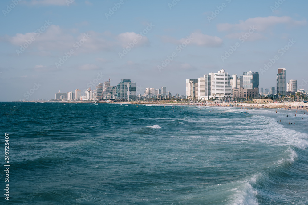 TEL AVIV VIEW FROM YAFFA ONLY SEA AND BUILDINGS WAVES