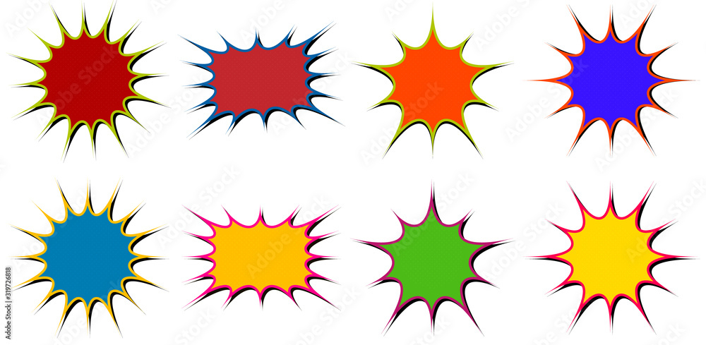 Vector pop art starburst abstract cartoon speech bubbles in different colors Vector pop art starburst abstract cartoon speech bubbles in different colors