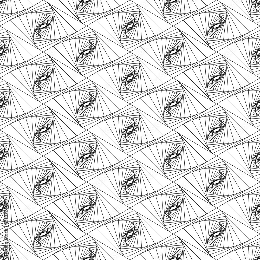 Seamless background from abstract symmetric rosette shape. Thin line spiral goes to edge of canvas.  3D line illusion drawing