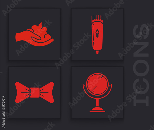 Set Hand mirror, Shaving gel foam on hand, Electrical hair clipper or shaver and Bow tie icon. Vector