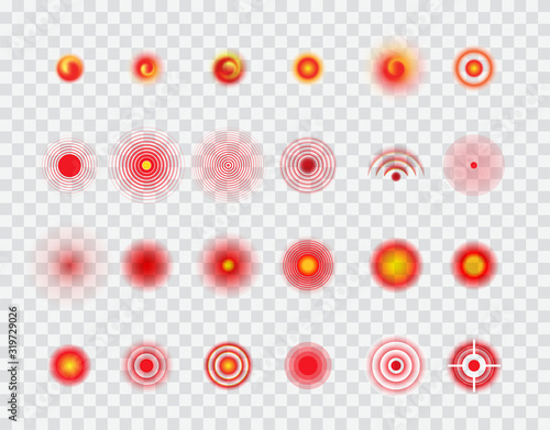 Pain localization circles, target vector icons set. Red rounds, ache symbols collection. Pain marks isolated pack on transparent background. Ache place, painkiller radial sign illustrations