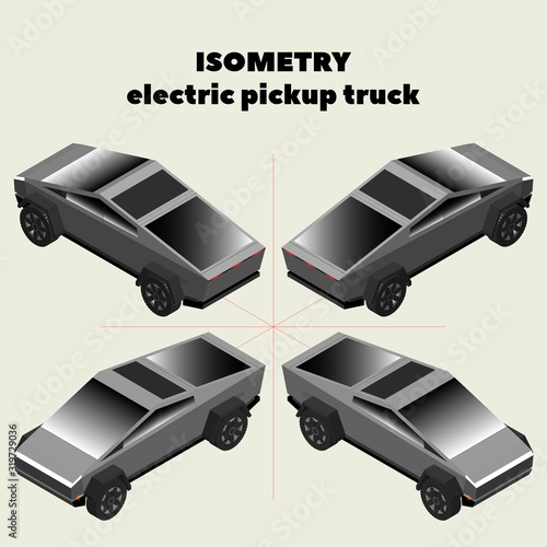 3d isometry futuristic electric pickup truck in four projections EPS10